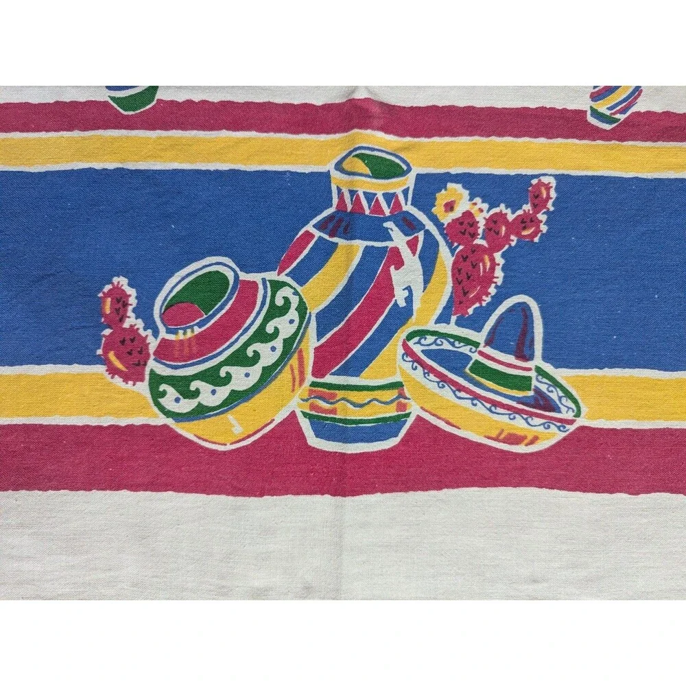 Vtg Startex Southwest Mexico Printed Tablecloth Sombrero Cactus Pottery 50x46